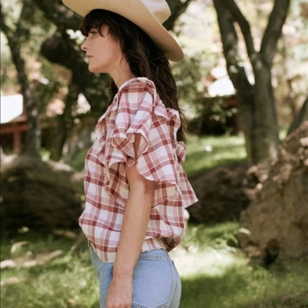 THE GREAT. Whisper Brick Plaid Shirt Size 3 - Picture 4 of 5